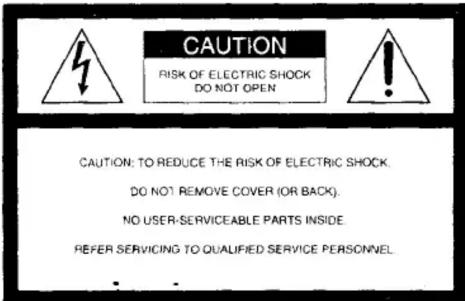 CAUTION RISK OF ELECTRIC SHOCK DO NOT OPEN CAUTION: TO REDUCE THE RISK OF ELECTRIC SHOCK. DO NOT REMOVE COVER (OR BACK). NO USER-SERVICEABLE PARTS INSIDE. REFER SERVICING TO QUALIFIED SERVICE PERSONNEL.