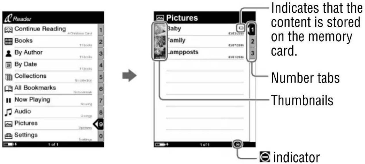 SONY Reader PRS-500 - In the Home menu, press ▲/▼ to select “Pictures,” then press ENT. - 1