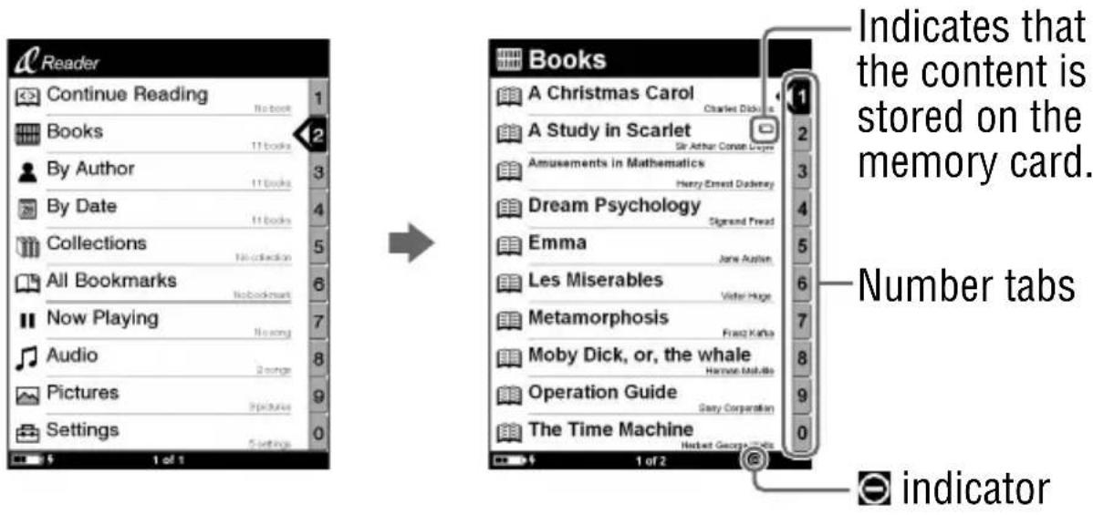 SONY Reader PRS-500 - In the Home menu, press ▲/▼ to select “Books,” then press ENT. - 1