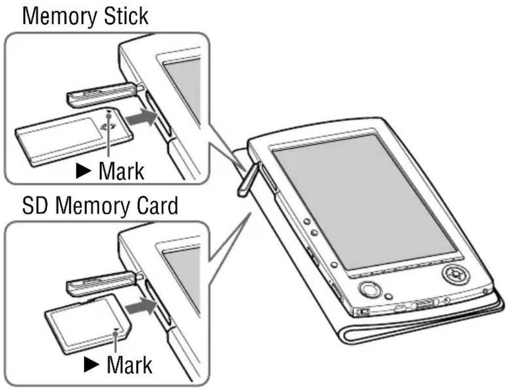 SONY Reader PRS-500 - Insert a memory card in the ▶ direction with its label side up until it clicks into the place. - 1