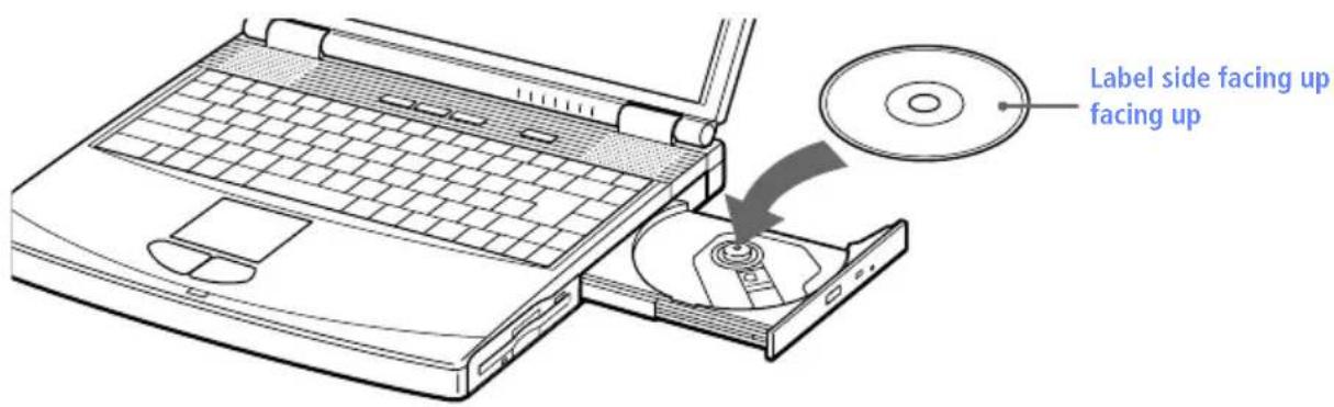 SONY Vaio PCG-F590 - Place a DVD-ROM/CD-ROM in the tray with the label side facing up. For DVD-ROMs which can be played on both sides, the side of the disc facing up is the side that plays. Push the disc onto the hub until the disc clicks into place. - 1