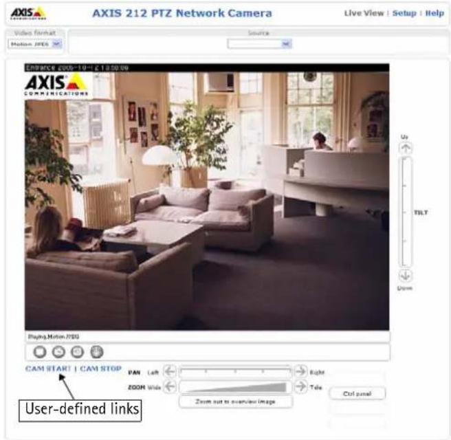 AXIS 212 PTZ Network Camera Live View | Setup | Help Video format Motion JPEG Source EXERCISE 2005-19-1 C:1.050 04 AXIS COMMUNICATIONS Playing Motion JPEG CAM START | CAM STOP PAN Left ZOOM starts User-defined links Right Tile Zoom out to overview image Cut panel