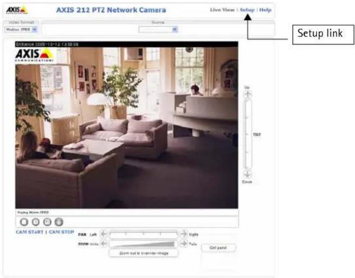 AXIS 212 PTZ Network Camera Live View | Setup | Help Video Format Source Media JPEG Enhance 1008-11-7-2 1:38:06 Setup link AXIS COMMUNICATIONS Up TERT Down Buying Inside JPEG CAM START | CAM STOP PAR Left RIGHT DOWN SIDE Side Down out to screen or image Call panel