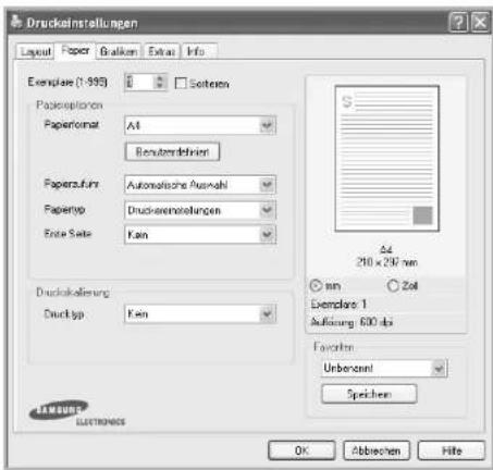 Druckeinstellungen Layout Papier Erweitert Info Beispiel (1:1) 0 0 Sofern Papieroptionen Papierformat: A4 Benutzerdefiniert Papierzufuhr: Automatische Auswahl Papiertyp: Druckeinstellungen Farbe: Kein Druckausrichtung Drucktyp: Kein A4 210 x 297 mm mm Zoll Beispiel 1 Auflösung 600 dpi Favoriten Unbe…