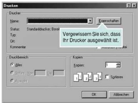 Drucken Drucker: Name: Eigenschaften Status: Standarddrucker; Bereit Typ: Vergewissern Sie sich, dass Ihr Drucker ausgewählt ist. Ort: Kommentar Druckbereich Alles Seiten Von 30 Auswahl Kopien Kopien: 1 1 2 3 Sortieren OK Abbrechen
