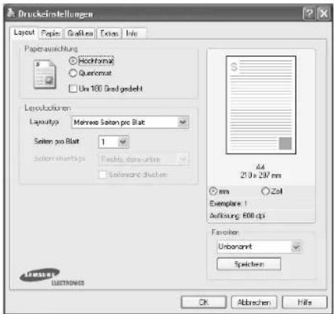 Druckeinstellungen Layout Papier Erweitert Info Papierausschuss ● Hochformat ○ Querformat □ Um 180 Grad gedreht Layoutoptionen Layouttyp: Mehrere Seiten pro Blatt Seiten pro Blatt: 1 Seitenreihenfolge: Rechts, dann links Seitenränder: 44 210 x 297 mm ○ mm ○ Zoll Exemplare: 1 Auflösung: 600 dpi Favor…