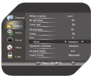 Channel Picture Auto Clock Setup Lock Picture o Miao Br lightness Contrast Sharpness Color Tinl RGN Dynamic Contrast As post Ratio Color Temp User 50 50 49 50 0 Medium Medium 4:3 Standard Return Move OK