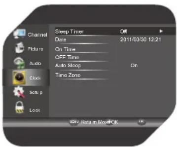 Channel Sleep Timer Off Date 2011/03/30 12:21 Picture On Time OFF Time Audio Auto Sleep On Clock Time Zone Solu a Lock ISRU Return Now/OK