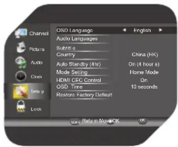 Channel O2D Language Audio Languages Subtotal Country Auto Standby (4hr) Mode Setting HDMI CEC Control O2D Time Restofa Factory Default English China (HK) On (4 hours) Home Mode On 10 seconds Lock on: Refu in Movie OK