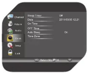 Channel Sleep Timer Off Date 2011/03/30 12:21 Picture On Time OFF Time Audio Auto Sleep On Clock Time Zone Setup Lock 99% Return Movie OK