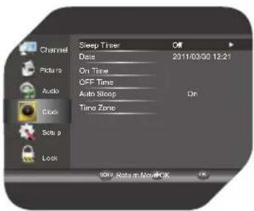 Channel Sleep Timer Off Date 2011/03/30 12:21 Picture On Time OFF Time Audio Auto Sleep On Clock Time Zone Solu p Lock OK! Return No/OK