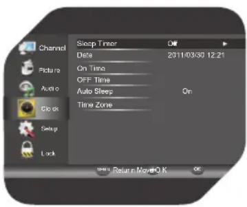 Channel Sleep Timer Off Date 2011/03/30 12:21 Picture On Time OFF Time Auto Sleep On Time Zone Clock Setup Lock Return Movie OK