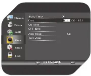 Channel Sleep Timer Off Data 201 3030 12:21 Pick up On Time OFF Time Audio Auto Sleep On Clock Time Zone Setup g Lock using Return Move OK