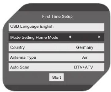 Ersteinrichtung Menü-Sprache Deutsch Gebrauchsmodus Privatnutzung Land Deutschland Antennenart Antenne Autom. Suchlauf DTV+ATV Starten