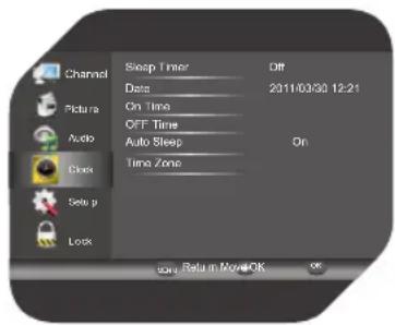 Channel Sleep Timer Off Date 2011/03/30 12:21 Picture On Time OFF Time Auto Sleep On Clock Time Zone Setup Lock on, Return More OK