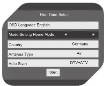 Ersteinrichtung Menu-Sprache Deutsch Gebrauchsmodus Privatnutzung Land Deutschland Antonnenart Antenne Autom. Suchlauf DTV+ATV Starten