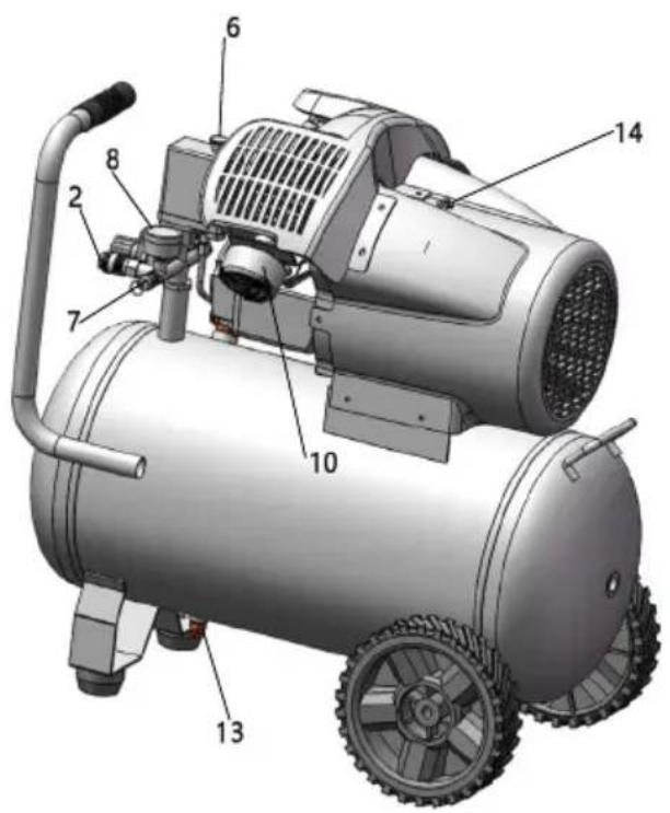 Technical diagram of an air compressor with numbered components for identification