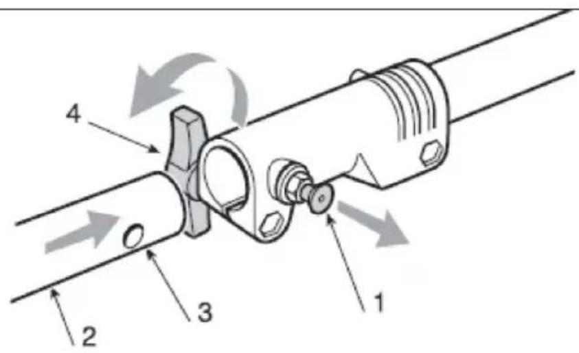 Technical diagram of a mechanical assembly with numbered components and directional arrows indicating motion or movement.