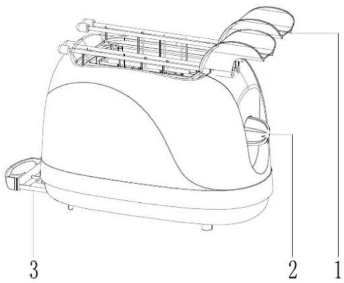 Technical diagram of a toaster with numbered parts labeled 1, 2, and 3