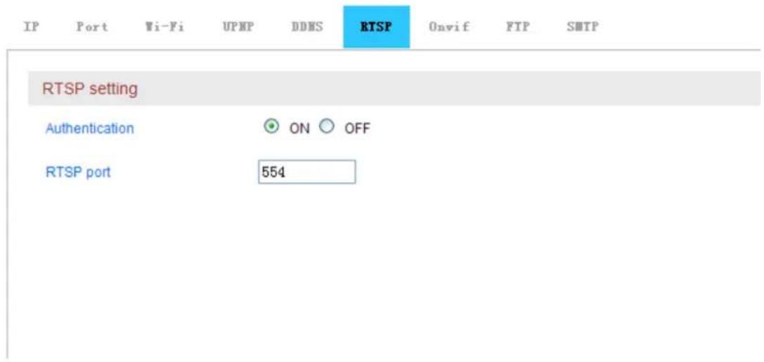 IP Port Wi-Fi UPMP DDMS RTSP Onvif FTP SMTP RTSP setting Authentication ON OFF RTSP port 554