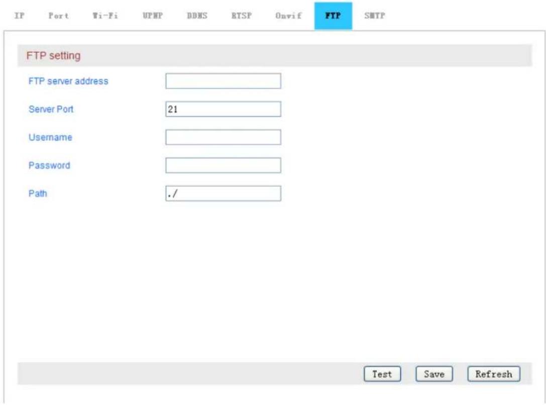 IP Port Wi-Fi UPMP DDMS RTSP Onvif FTP SMTP FTP setting FTP server address Server Port 21 Username Password Path ./ Test Save Refresh