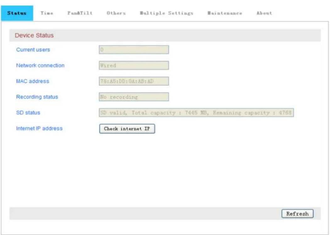 Status Time Fan&Tilt Others Multiple Settings Maintenance About Device Status Current users 0 Network connection Wired MAC address 78:A5:DD:0A:AB:AD Recording status No recording SD status SD valid, Total capacity : 7445 MB, Remaining capacity : 4768 Internet IP address Check internet IP Refresh