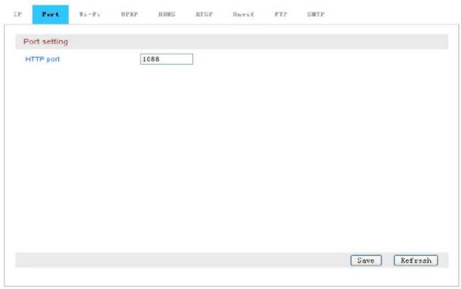 IP Port Wi-Fi UPHP DDRS RTSP Onvif FTP SMTP Port setting HTTP port 1088 Save Refresh