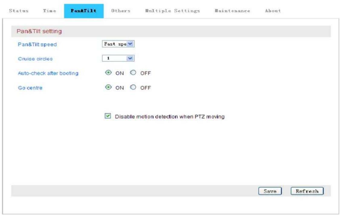 Status Time Pan&Tilt Others Multiple Settings Maintenance About Pan&Tilt setting Pan&Tilt speed Fast spe Cruise circles 1 Auto-check after booting ON OFF Go centre ON OFF Disable motion detection when PTZ moving Save Refresh