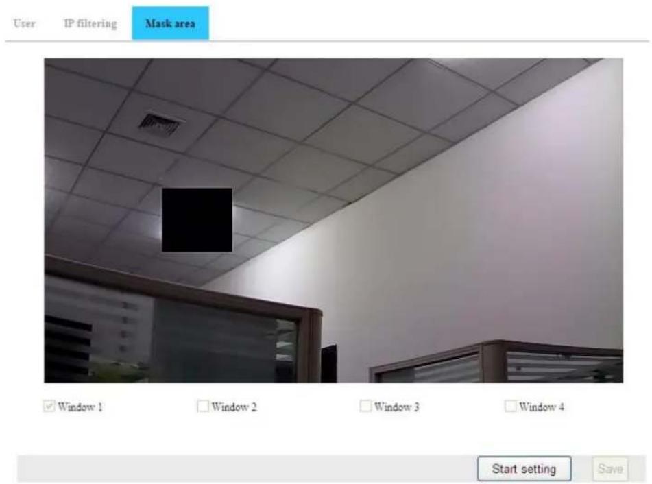 User IP filtering Mask area ✓ Window 1 □ Window 2 □ Window 3 □ Window 4 Start setting Save