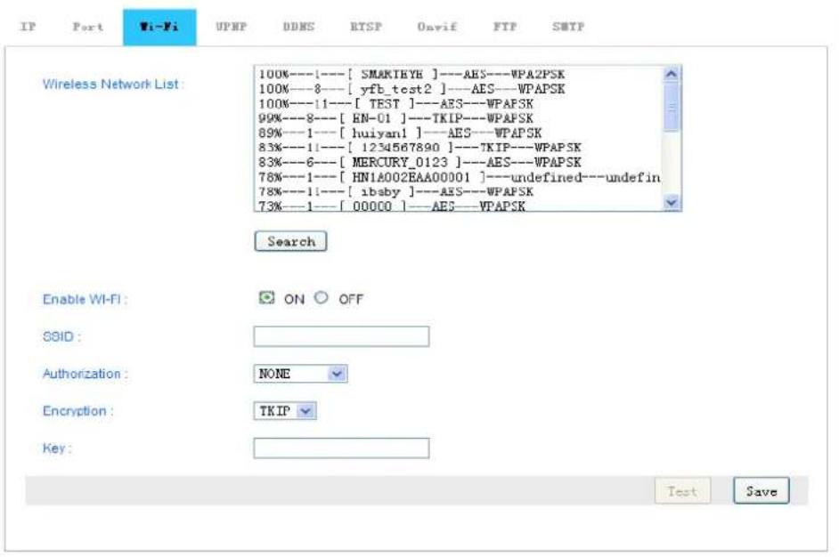 IP Port Wi-Fi UPWP DDMS RTSP Onvif FTP SMTP Wireless Network List: 100%----1----[ SMARTHYR ]---AES---WPA2PSK 100%----8----[ yfb_test2 ]---AES---WPAPSK 100%----11----[ TEST ]---AES---WPAPSK 99%----8----[ EN-01 ]---TKIP---WPAPSK 89%----1----[ huiyan1 ]---AES---WPAPSK 83%----11----[ 1234567890 ]---TKIP---WPAPSK 83%----6----[ MERCURY_0123 ]---AES---WPAPSK 78%----1----[ HN1A002EAA00001 ]---undefined---undefin 78%----1----[ ibaby ]---AES---WPAPSK 73%----1----[ 00000 ]---AES---WPAPSK Search Enable Wi-Fi: ON OFF SSID: Authorization: NONE Encryption: TKIP Key: Test Save