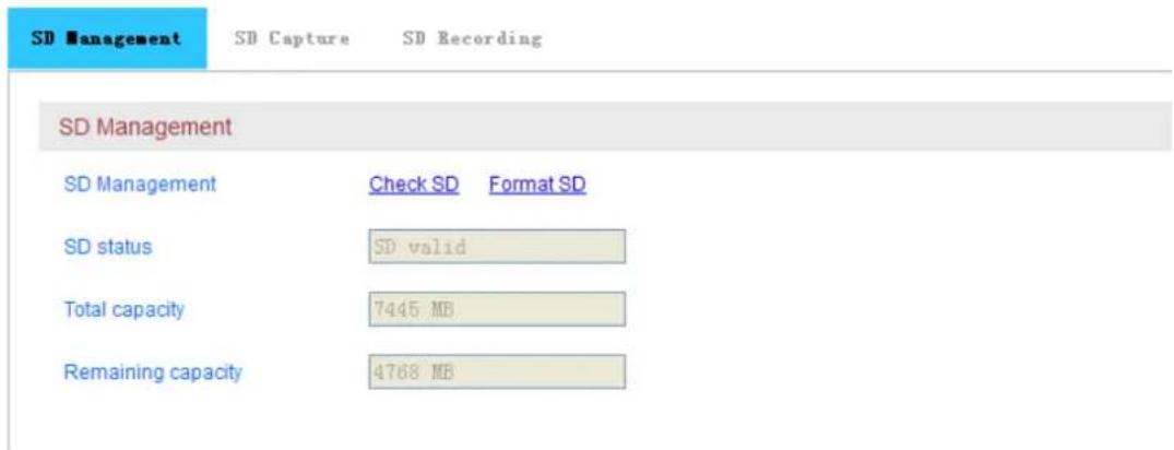 SD Management SD Capture SD Recording SD Management SD Management Check SD Format SD SD status SD valid Total capacity 7445 MB. Remaining capacity 4768 MB