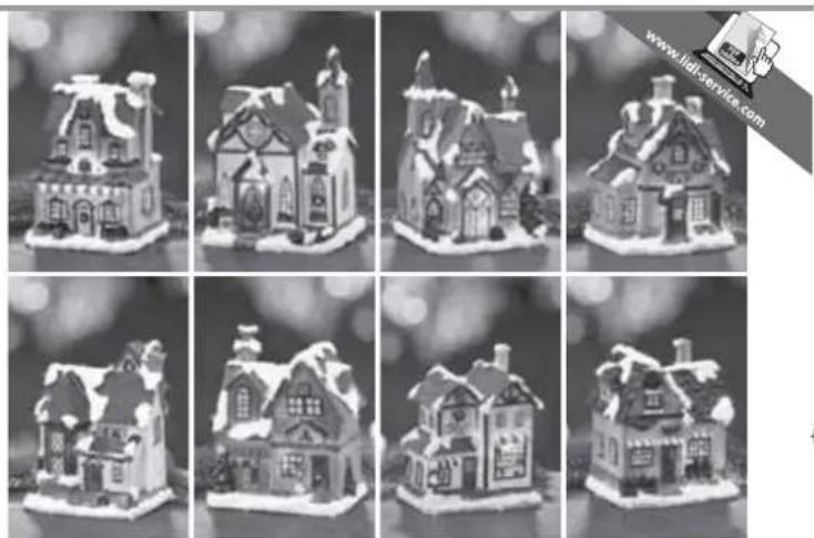 Black-and-white photo collage of eight snow-covered Christmas houses with snowflakes and decorative stonework (no text or symbols)