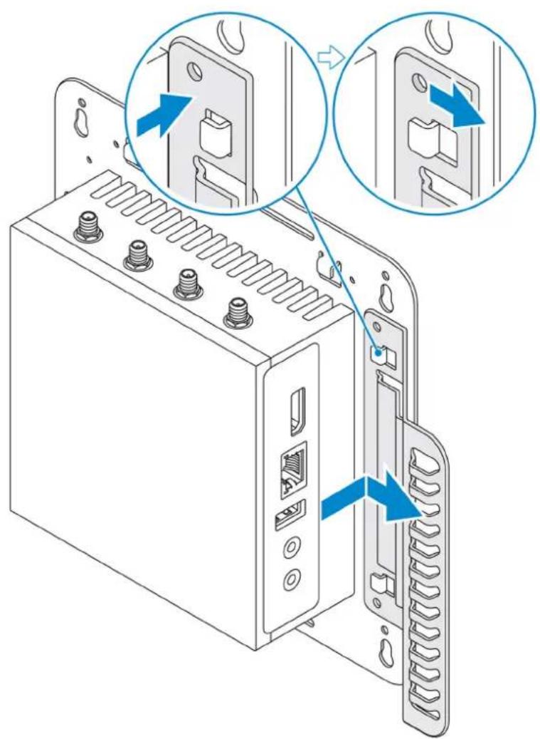 Technical diagram showing a server rack with labeled ports and two zoomed-in views of the internal components.