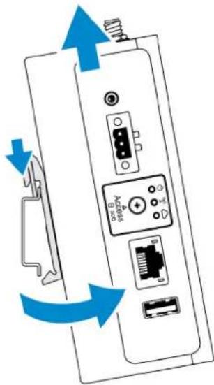 Diagram showing device rear panel with labeled ports and arrows indicating rotation or movement, including a cable clip and connector port.