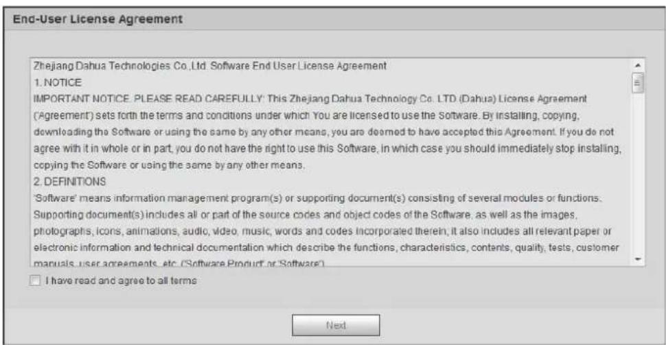Dahua Technology Pro IPC-HFW5241E-ZE - The End-User License Agreement interface is displayed, see Figure 3-2. End-user license agreement Figure 3-2 - 1