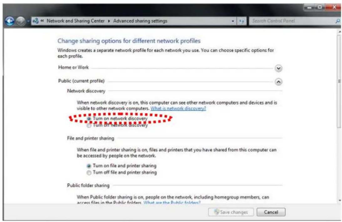 Network and Sharing Center ▶ Advanced sharing settings Change sharing options for different network profiles Windows creates a separate network profile for each network you use. You can choose specific options for each profile. Home or Work Public (current profile) Network discovery When network discovery is on, this computer can see other network computers and devices and is visible to other network computers. What is network discovery? Turn on network discovery Turn off network discovery File and printer sharing When file and printer sharing is on, files and printers that you have shared from this computer can be accessed by people on the network. Turn on file and printer sharing Turn off file and printer sharing Public folder sharing When Public folder sharing is on, people on the network, including homegroup members, can access files in the Public folders. What are the Public folders? Save changes Cancel