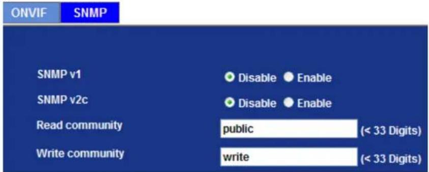ONVIF SNMP SNMP v1 Disable Enable SNMP v2c Disable Enable Read community public (< 33 Digits) Write community write (< 33 Digits)