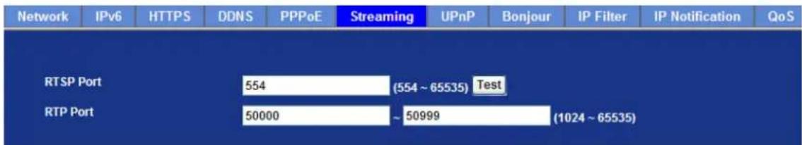 Network IPv6 HTTPS DDNS PPPoE Streaming UPnP Bonjour IP Filter IP Notification QoS RTSP Port 554 (554 ~ 65535) Test RTP Port 50000 ~ 50999 (1024 ~ 65535)