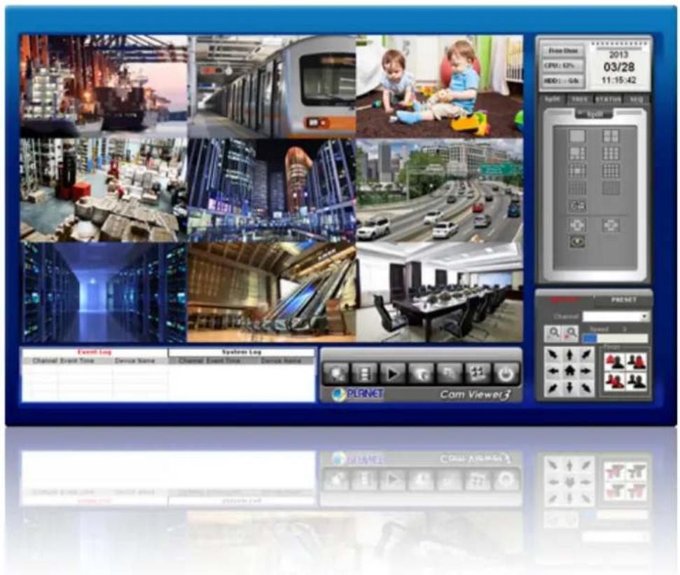 Composite image showing a multi-panel collage of global events including shipping, trains, and urban development, alongside a control interface with system log and camera controls.