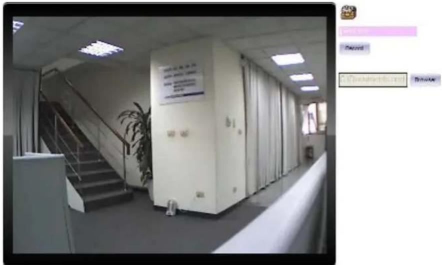 Black-and-white photo of an office hallway with visible signage and a software interface panel showing 'Record' and 'Browse'.