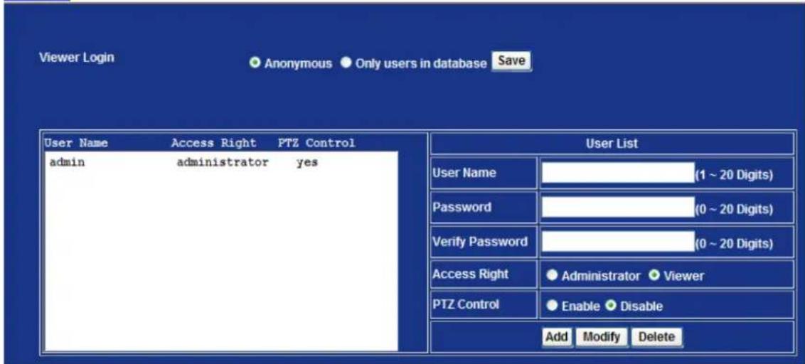 Viewer Login Anonymous Only users in database Save User Name Access Right PTZ Control admin administrator yes User List User Name (1 ~ 20 Digits) Password (0 ~ 20 Digits) Verify Password (0 ~ 20 Digits) Access Right ● Administrator ● Viewer PTZ Control ● Enable ● Disable Add Modify Delete