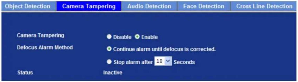 Object Detection Camera Tampering Audio Detection Face Detection Cross Line Detection Camera Tampering Disable Enable Defocus Alarm Method Continue alarm until defocus is corrected. Stop alarm after 10 Seconds Status Inactive