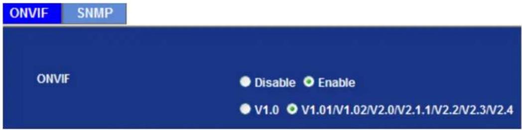 ONVIF SNMP ONVIF Disable Enable V1.0 V1.01/V1.02/V2.0/V2.1.1/V2.2/V2.3/V2.4