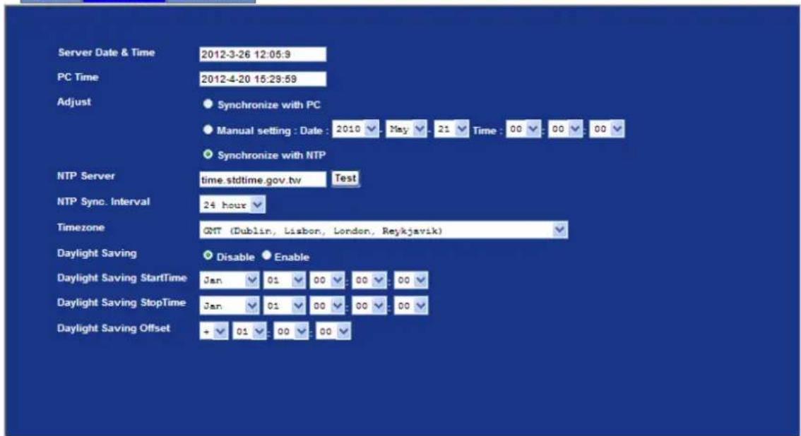 Server Date & Time 2012-3-26 12:05:9 PC Time 2012-4-20 15:29:59 Adjust Synchronize with PC Manual setting : Date : 2010 May 21 Time : 00 00 00 Synchronize with NTP NTP Server time.stdtime.gov.tv Test NTP Sync. Interval 24 hour Timezone GMT (Dublin, Lisbon, London, Reykjavik) Daylight Saving Disable Enable Daylight Saving StartTime Jan 01 00 00 00 Daylight Saving StopTime Jan 01 00 00 00 Daylight Saving Offset + 01 00 00