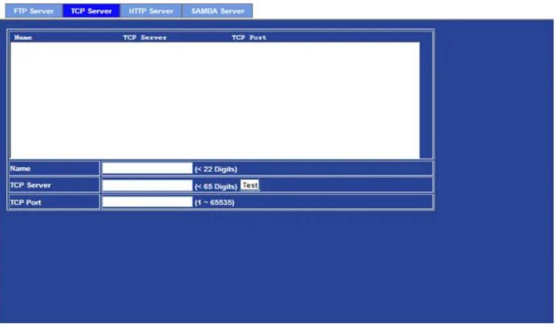 FTP Server TCP Server HTTP Server SAMBA Server Name TCP Server TCP Port Name (< 22 Digits) TCP Server (< 65 Digits) Test TCP Port (1 ~ 65535)