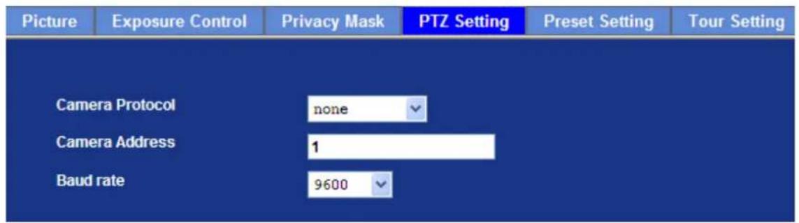 Picture Exposure Control Privacy Mask PTZ Setting Preset Setting Tour Setting Camera Protocol None Camera Address 1 Baud rate 9600