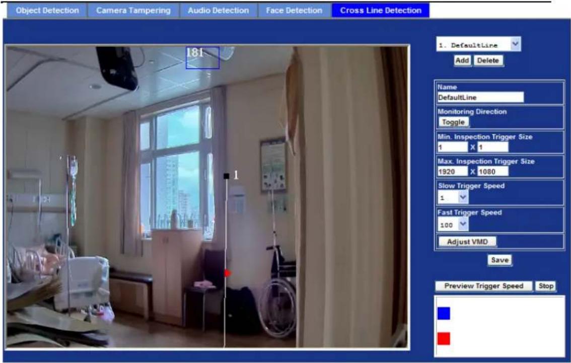 Object Detection Camera Tampering Audio Detection Face Detection Cross Line Detection 181 1 Name DefaultLine Monitoring Direction Toggle Min. Inspection Trigger Size 1 X 1 Max. Inspection Trigger Size 1920 X 1080 Slow Trigger Speed 1 Fast Trigger Speed 100 Adjust VMD Save Preview Trigger Speed Stop