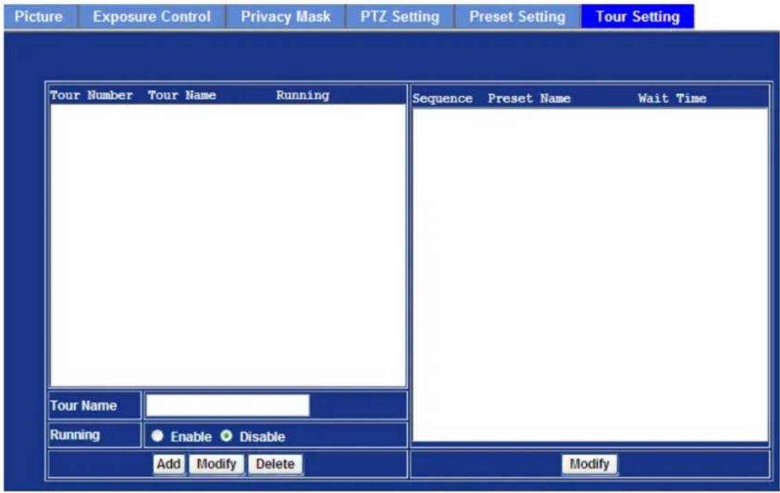 Picture Exposure Control Privacy Mask PTZ Setting Preset Setting Tour Setting Tour Number Tour Name Running Sequence Preset Name Wait Time Tour Name Running Enable Disable Add Modify Delete Modify