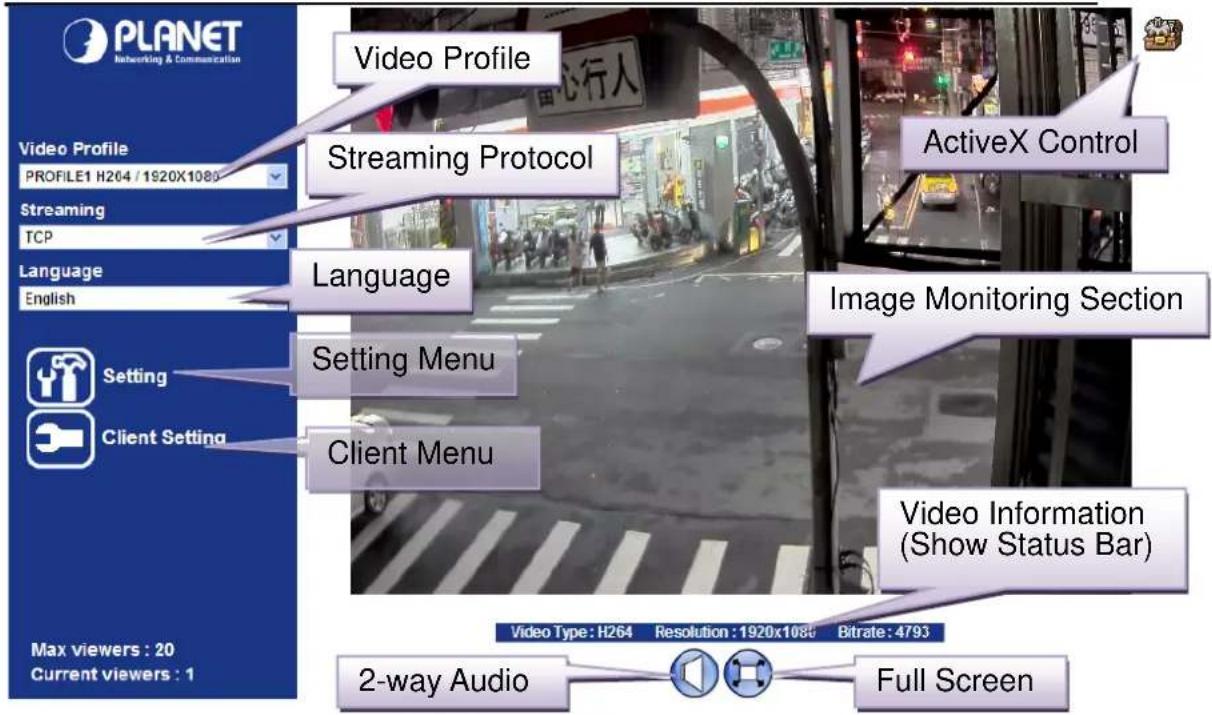PLANET Networking & Communication Video Profile PROFILE1 H264 / 1920X1080 Streaming TCP Language English Setting Client Setting Max viewers : 20 Current viewers : 1 Video Profile Streaming Protocol Language Setting Menu Client Menu Video Information (Show Status Bar) Video Type : H264 Resolution : 1920x1080 Bitrate : 4793 2-way Audio Full Screen