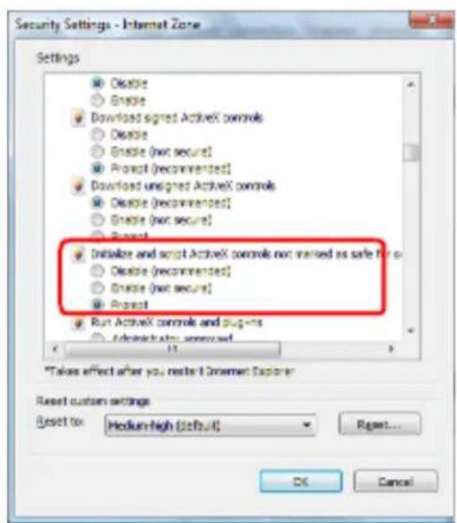Security Settings - Internet Zone Settings ○ Enable ○ Enable ● Download signed ActiveX controls ○ Enable ○ Enable (not secure) ● Project (recommenders) ● Download unsigned ActiveX controls ○ Enable (recommenders) ○ Enable (not secure) ● Project ● Initiate and script ActiveX controls not varied as safe for ○ Enable (recommenders) ○ Enable (not secure) ● Project ● Run ActiveX controls and plugins ○ Update rights reserved *Take effect after you restart Internet Explorer Reset custom settings Reset to: Medium-high (default) Ragent... OK Cancel